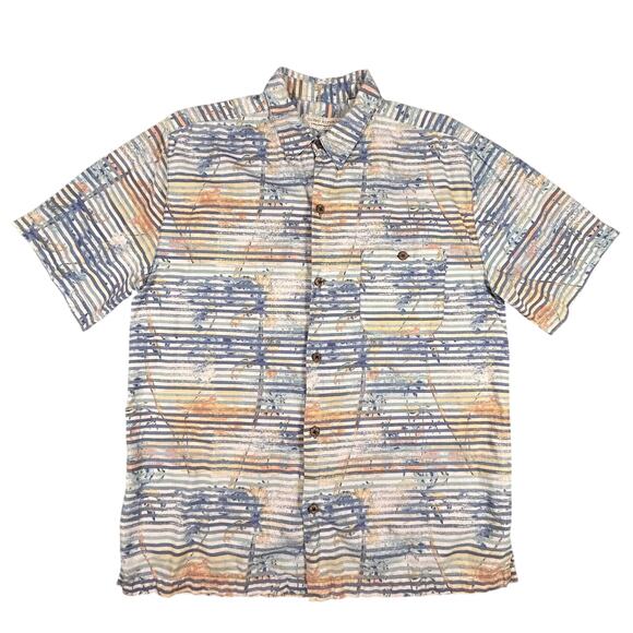 Island Republic Shirt Mens Large Blue Orange Striped Palm Tree Button Up Summer - Picture 1 of 6